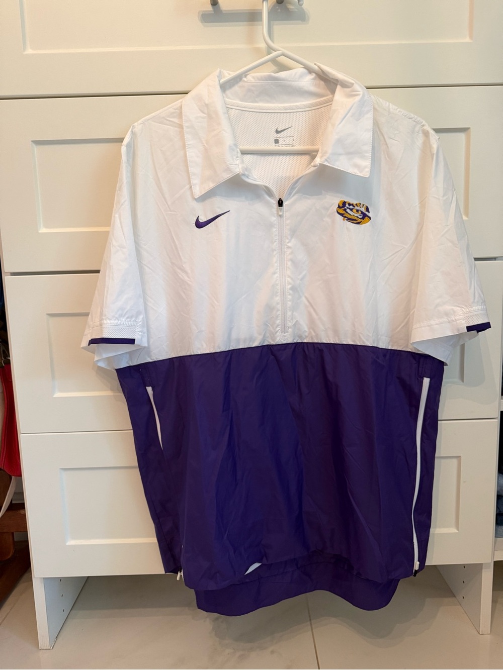 Nike Men’s White & Purple LSU Half-Zip Pullover Coaches Jacket